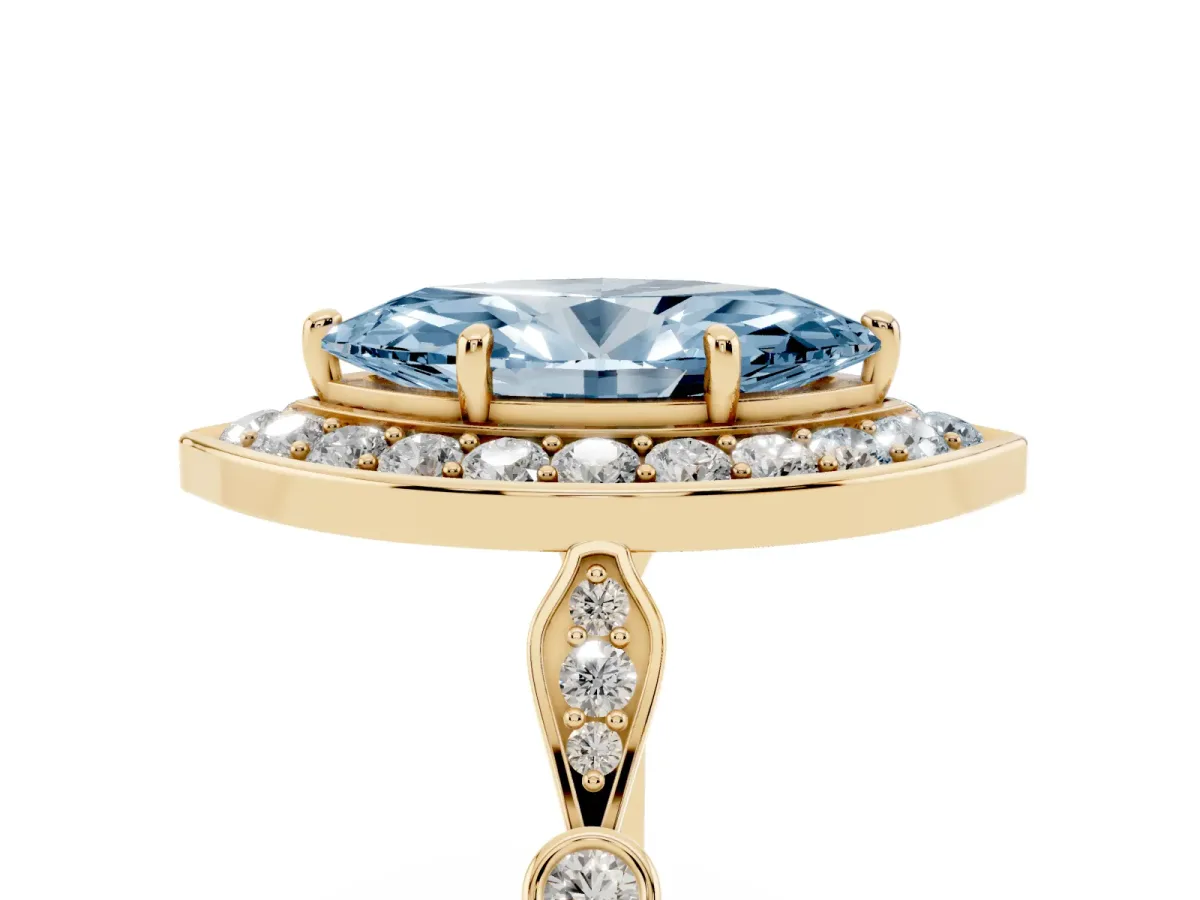 Fancy Blue Marquise Cut Halo Diamond Engagement Ring with Twisted Band and Four-Prong Setting Yellow gold