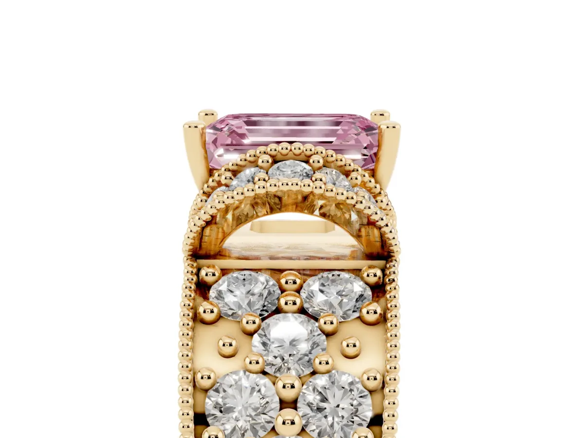 Fancy Pink Emerald Cut Halo Pave Diamond Engagement Ring with Milgrain Detailing Yellow gold