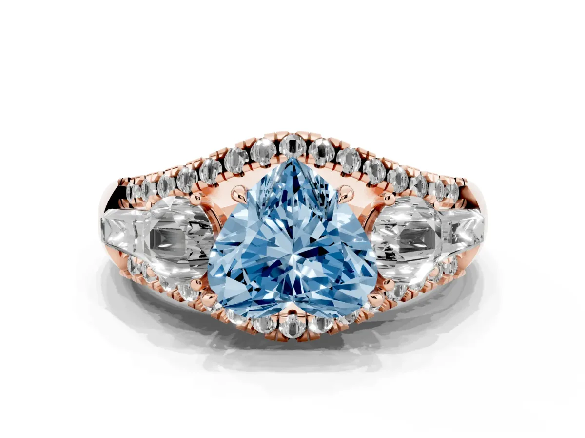 Fancy Blue Three-Stone Heart Cut Diamond Engagement Ring with Pave Band and Prong Setting Rose gold