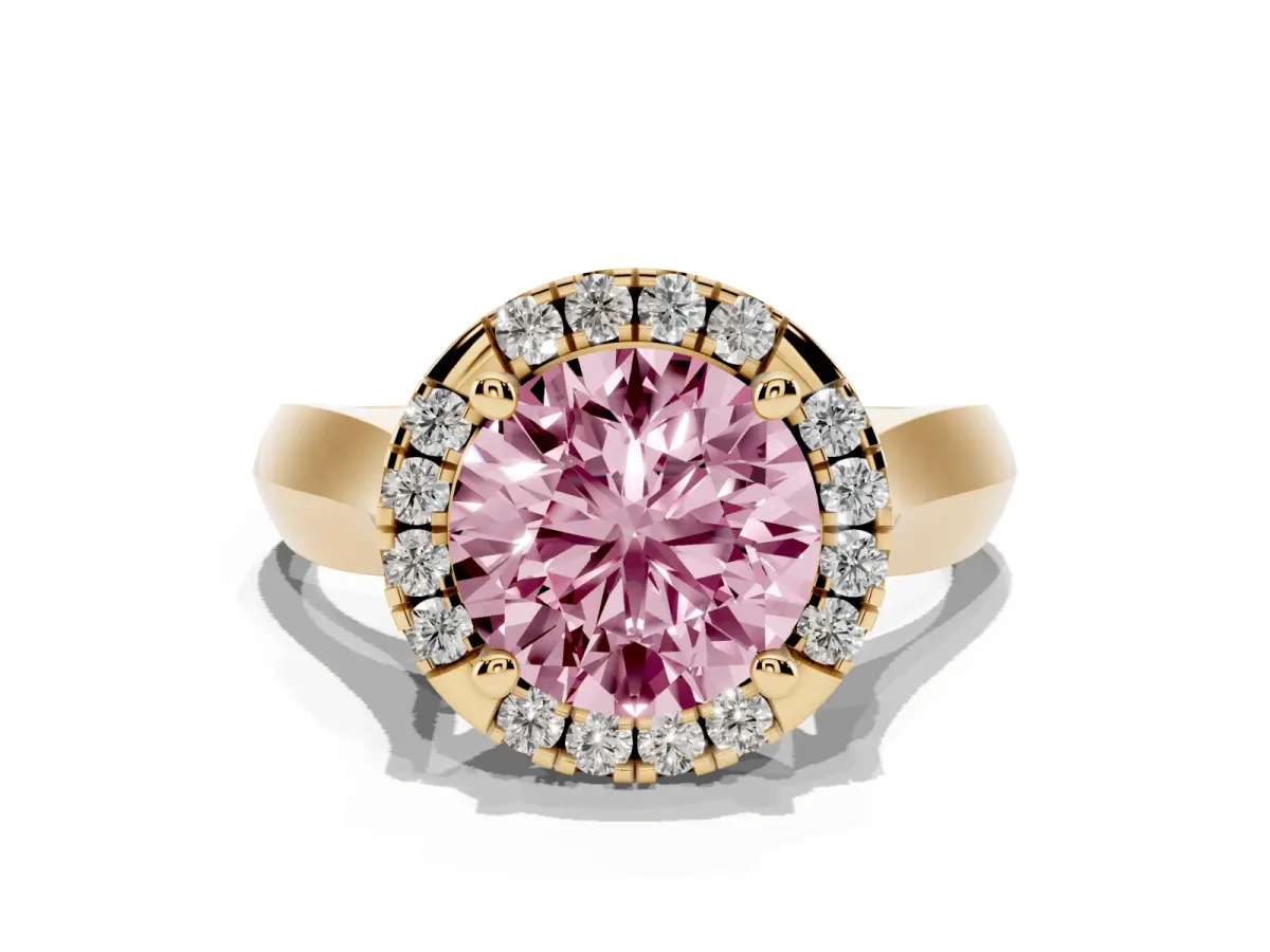 Fancy Pink Round Cut Cut Halo Solitaire Engagement Ring with Square Band and Four-Prong Setting Yellow gold
