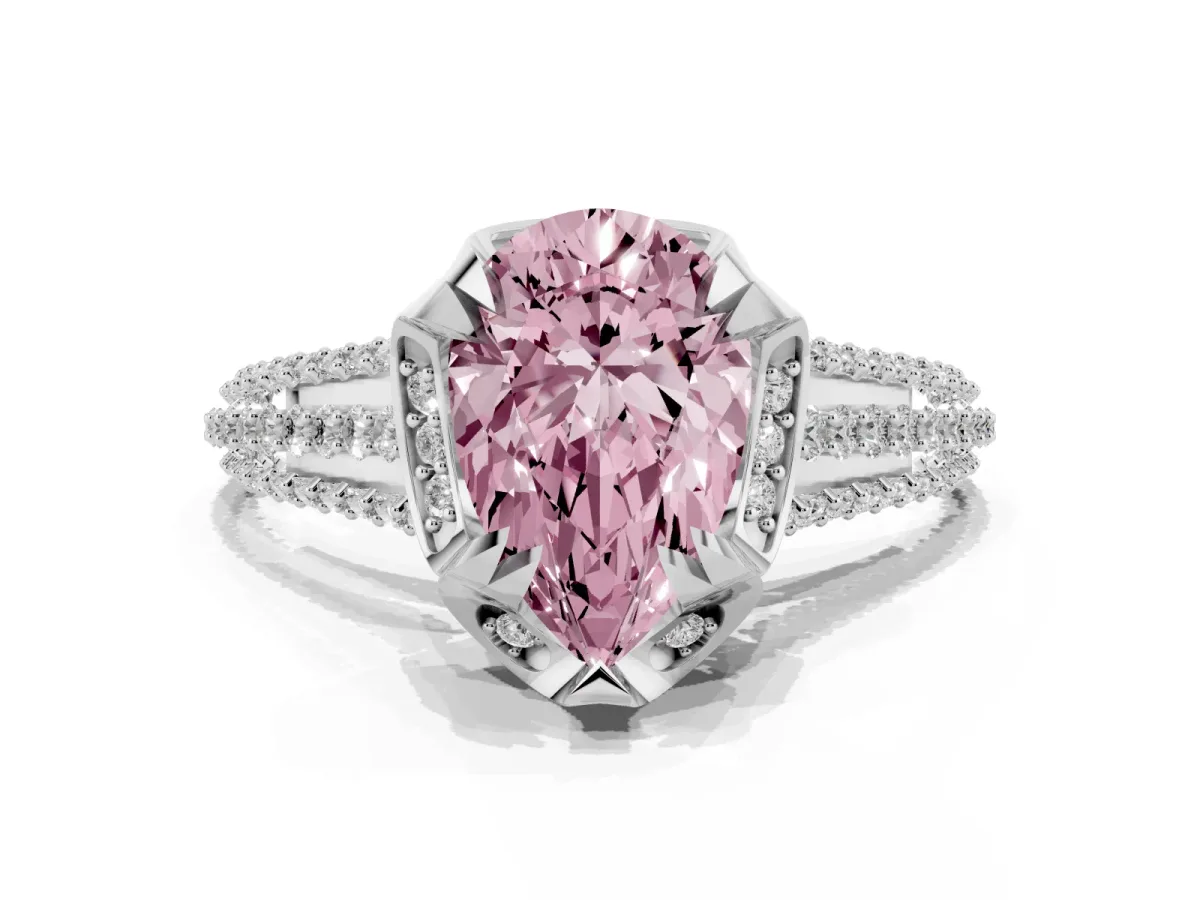 Fancy Pink Pear Cut Solitaire Pave Split Shank Ring with Four-Prong Setting Silver