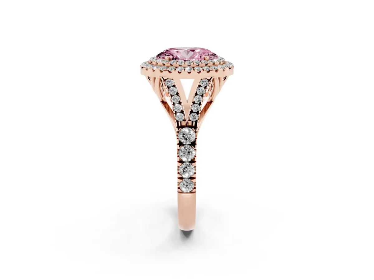 Fancy Pink Oval Cut Cut Double Halo Split Shank Diamond Ring with Prong Setting Rose gold