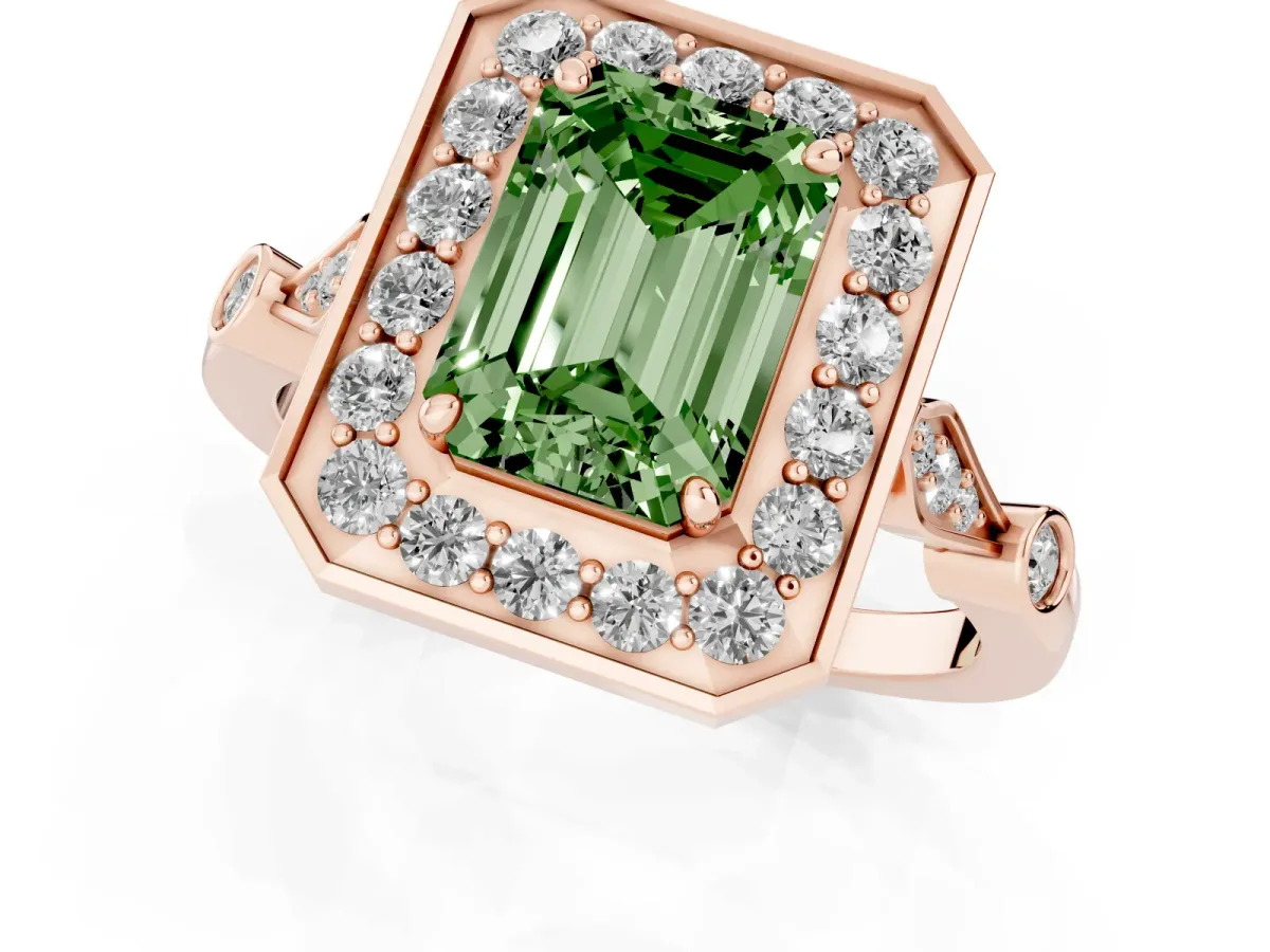 Fancy Green Emerald Cut Halo Diamond Engagement Ring with Twisted Band and Four-Prong Setting Rose gold