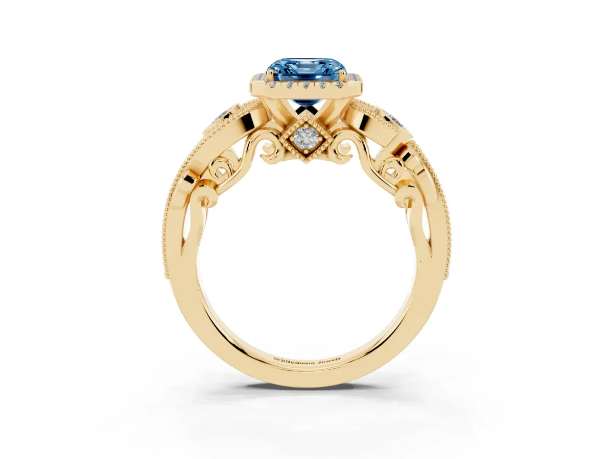 Fancy Blue Asscher Cut Halo Diamond Ring with Milgrain and Bezel Accents on a Split Shank Band Yellow gold
