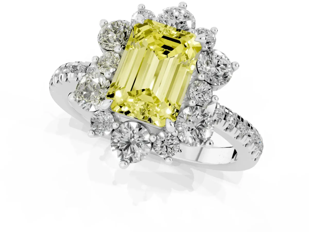 Fancy Yellow Emerald Cut Diamond Floral Halo Ring with Round Pavé Band and Prong Setting Silver
