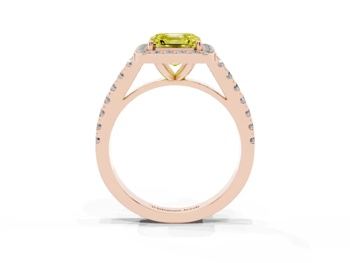 Fancy Yellow Asscher Cut Diamond Halo Ring with Round Pavé Split Shank and Prong Setting Rose gold