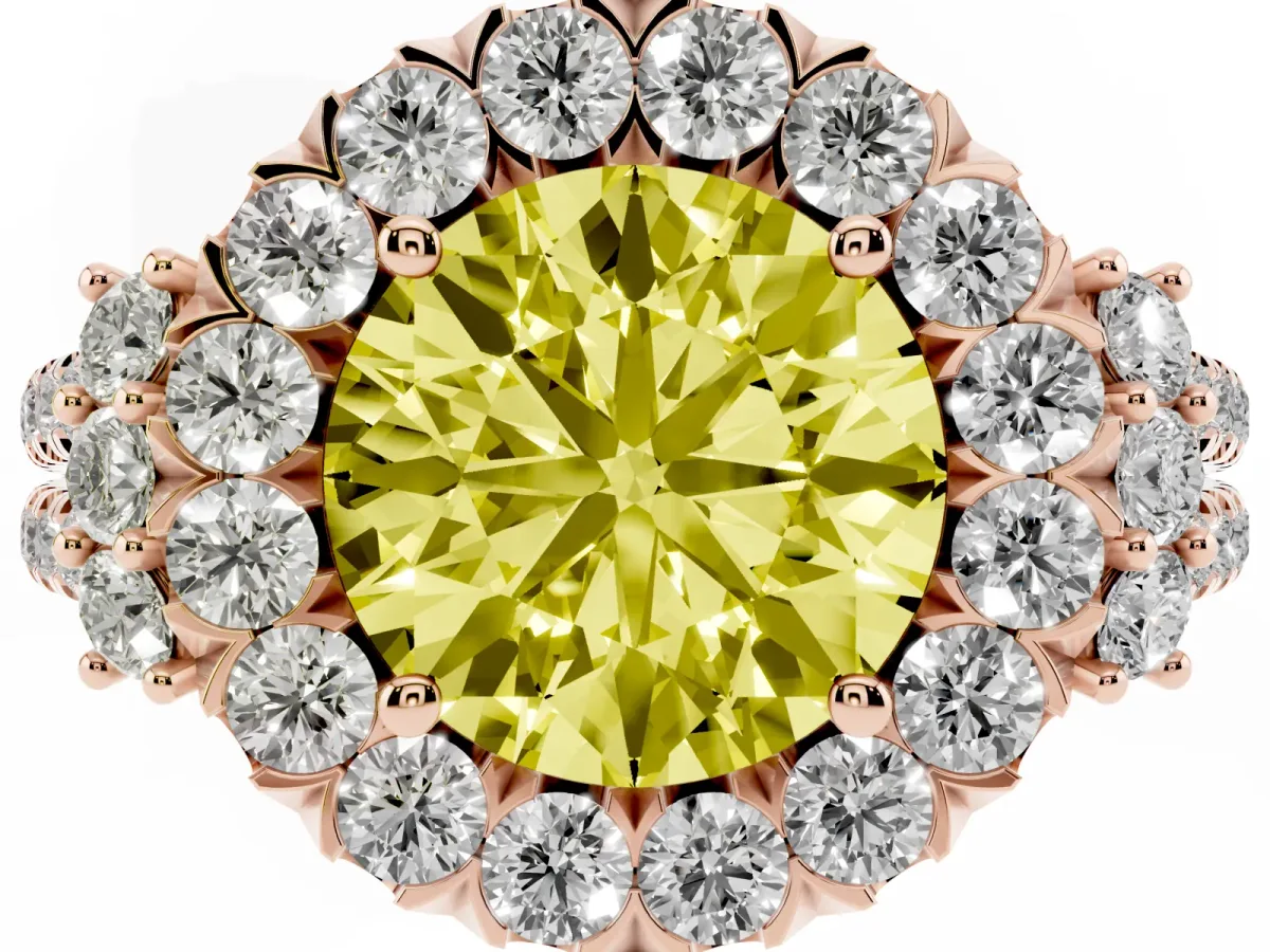 Fancy Yellow Round Cut Cut Double Halo Diamond Engagement Ring with Pave Band and Four-Prong Setting Rose gold