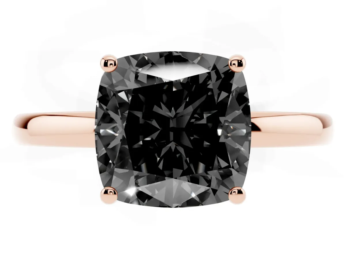 Fancy Black Cushion Cut Solitaire Diamond Ring with Prong Setting and Plain Band Rose gold
