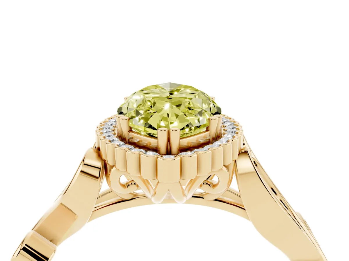Fancy Yellow Marquise Cut Diamond Halo Ring with Vintage Split Shank and Four-Prong Setting Yellow gold