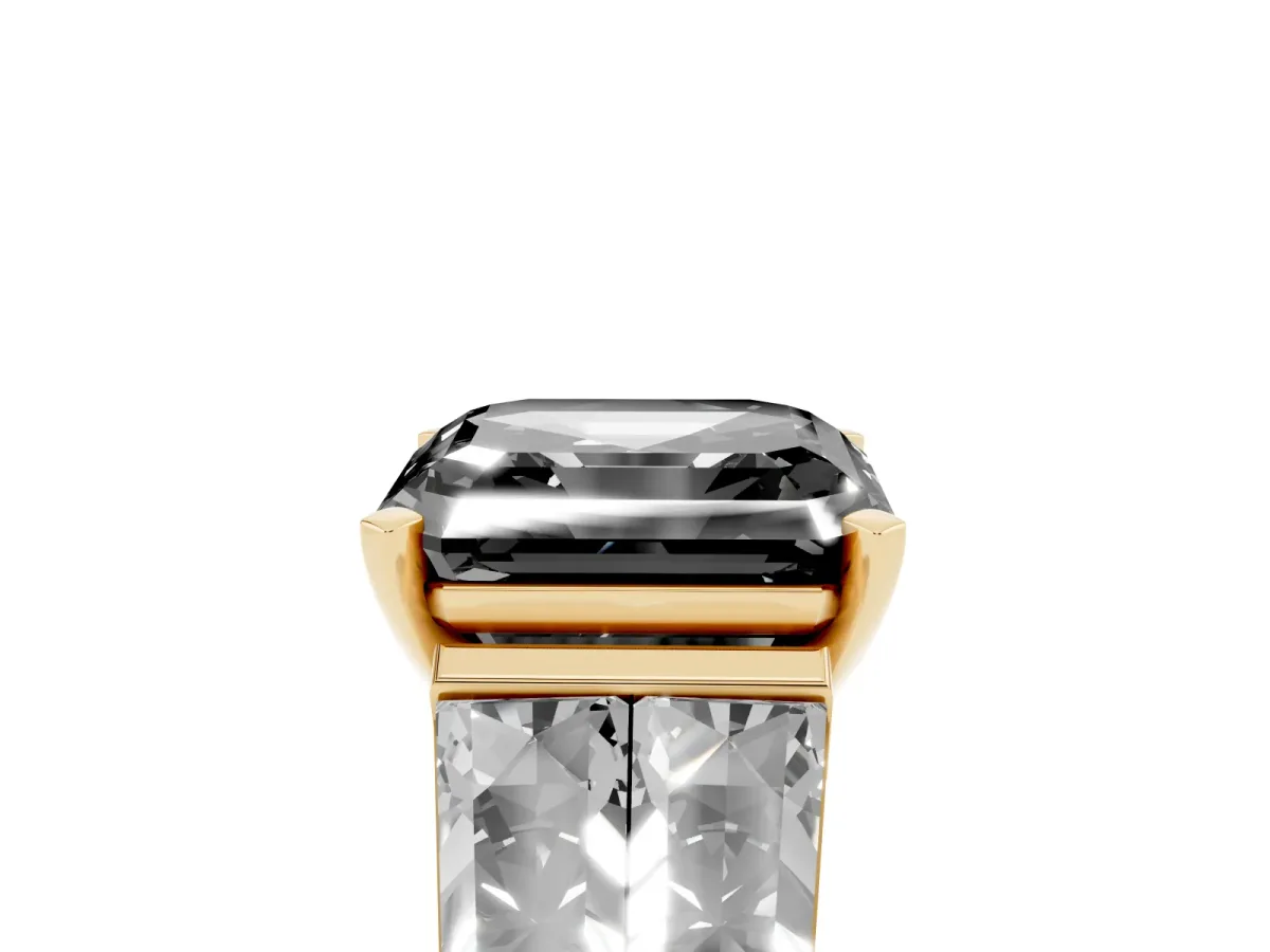 Fancy Black Asscher Cut Diamond Engagement Ring with Baguette Side Stones and Channel Set Band Yellow gold