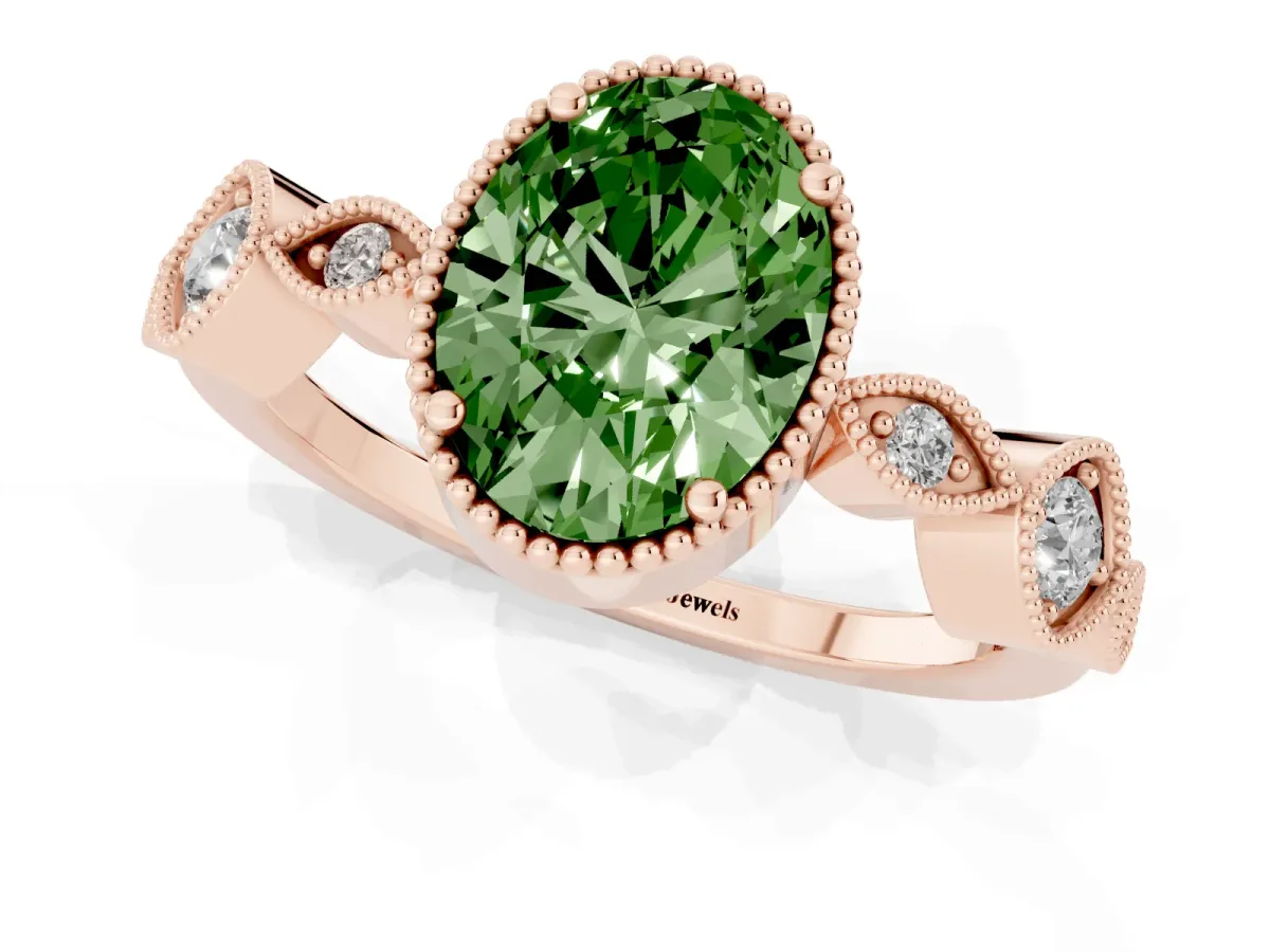 Fancy Green Oval Cut Diamond Vintage Milgrain Ring with Round Stations Rose gold
