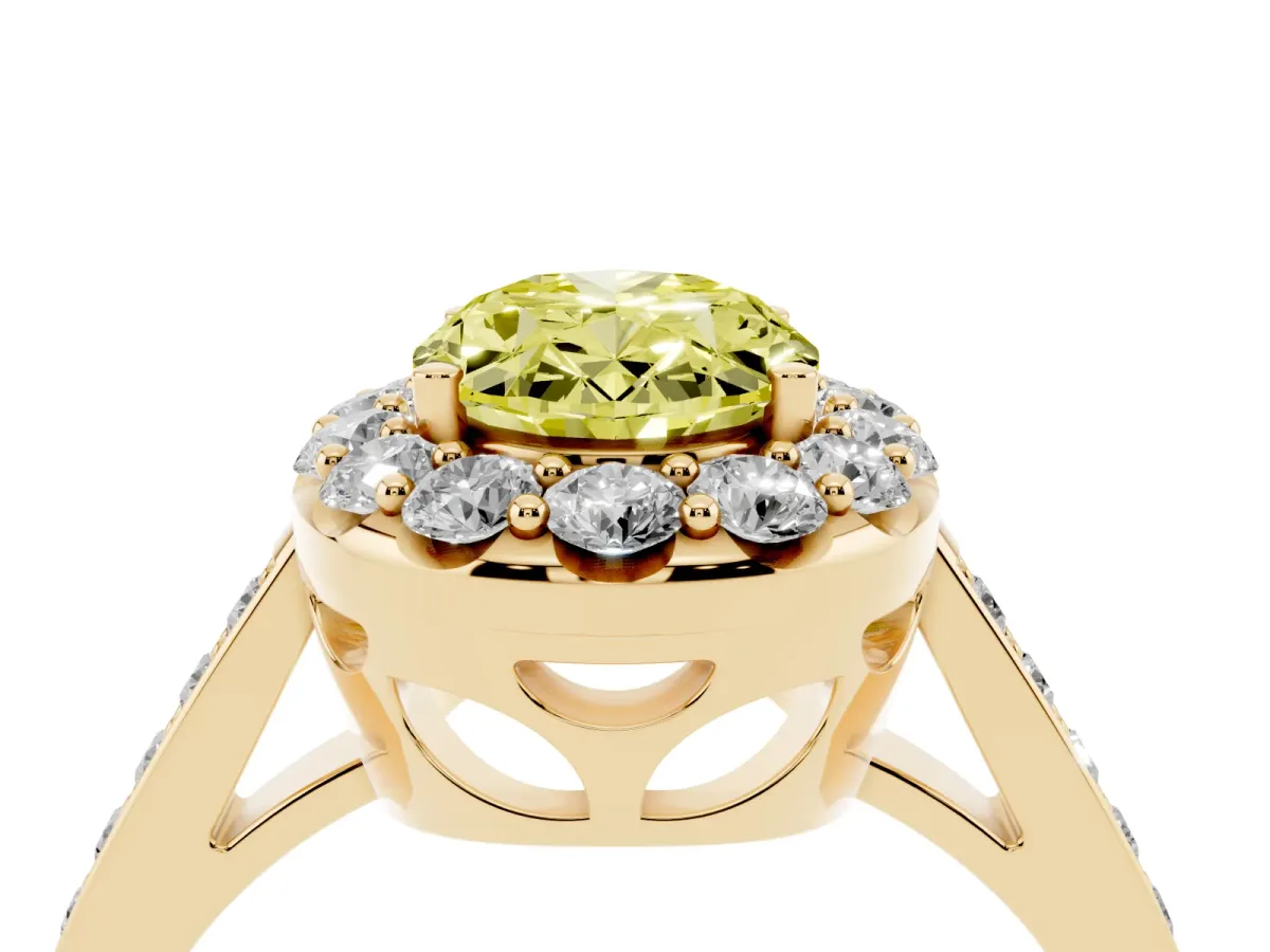 Fancy Yellow Oval Cut Diamond Floral Halo Ring with Pavé Band and Prong Setting Yellow gold