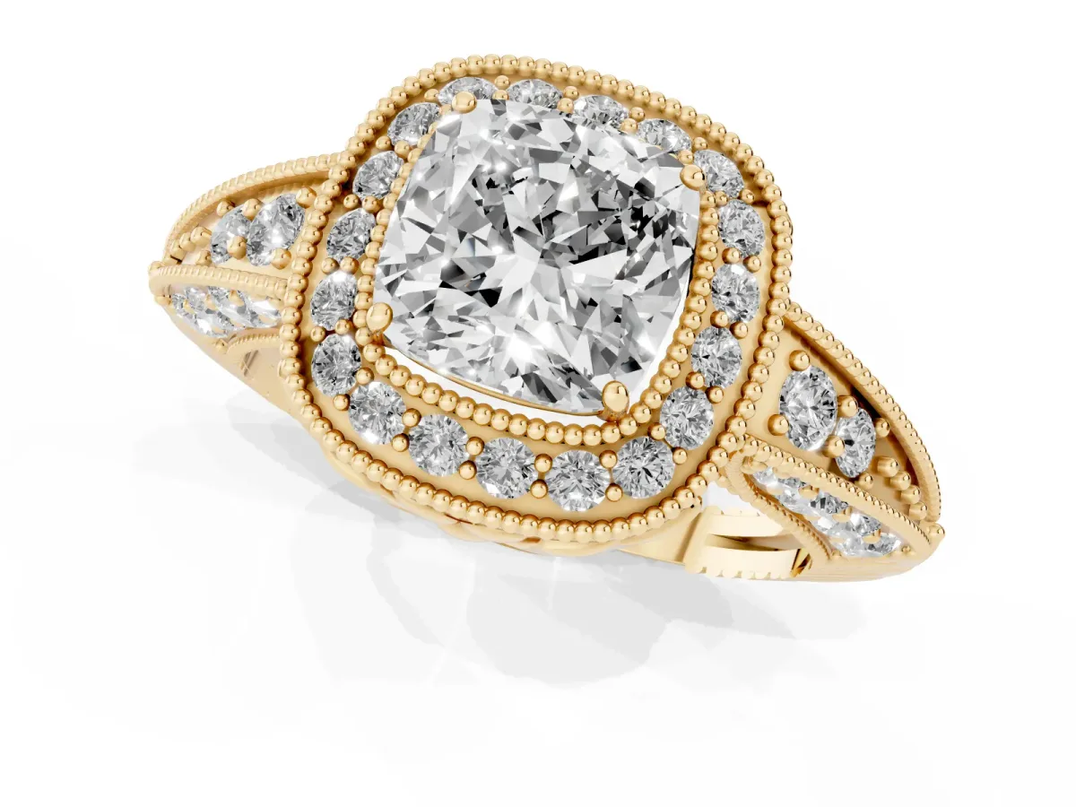 Cushion Cut Halo Diamond Split Shank Ring with Milgrain Detail Yellow gold