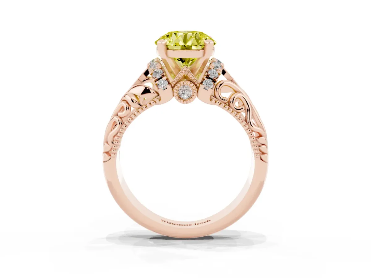 Fancy Yellow Round Cut Solitaire Filigree Engagement Ring with Halo and Prong Setting Rose gold