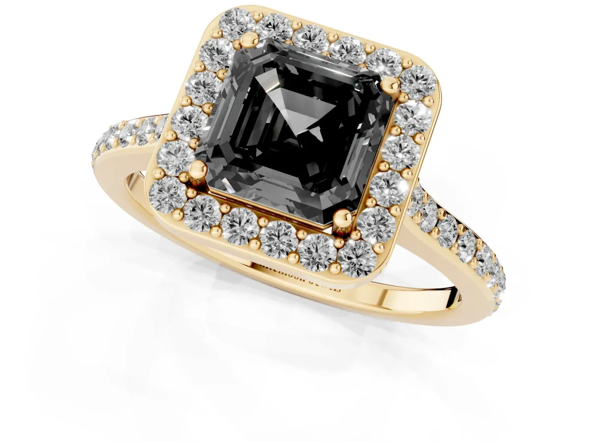 Fancy Black Asscher Cut Diamond Halo Engagement Ring with Round Pavé Shoulders and Prong Setting Yellow gold