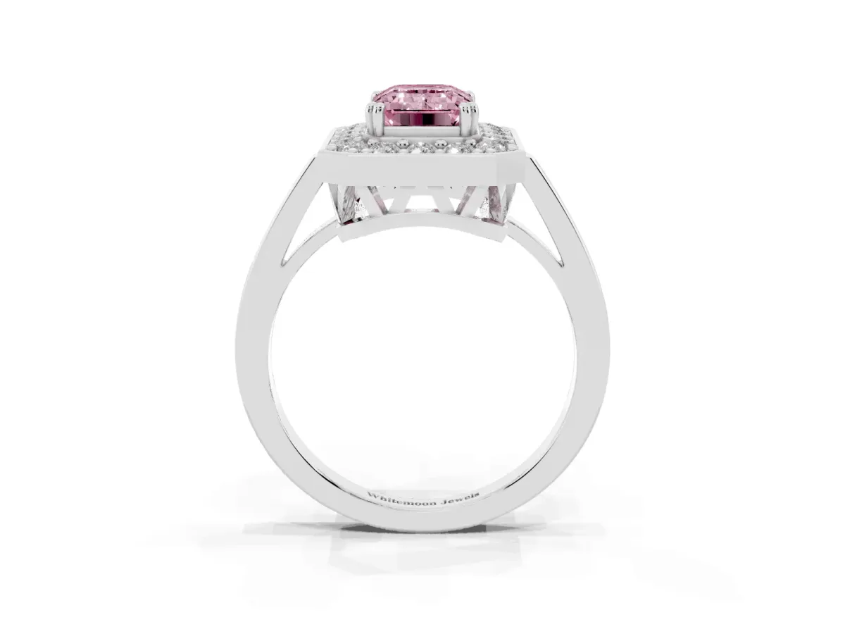Fancy Pink Emerald Cut Diamond Halo Ring with Split Shank and Four-Prong Setting Silver