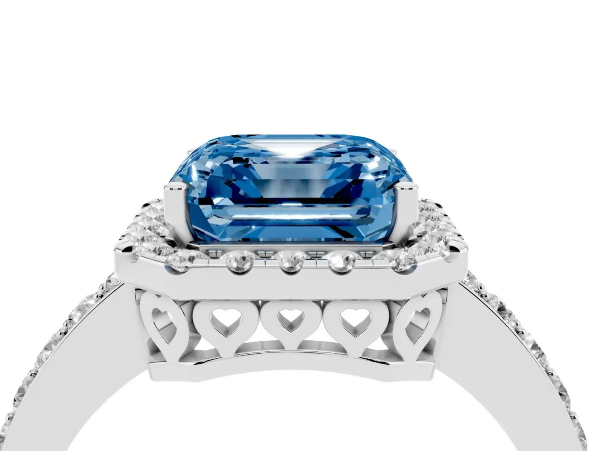 Fancy Blue Asscher Cut Halo Diamond Pavé Band Ring with Prong Setting Silver