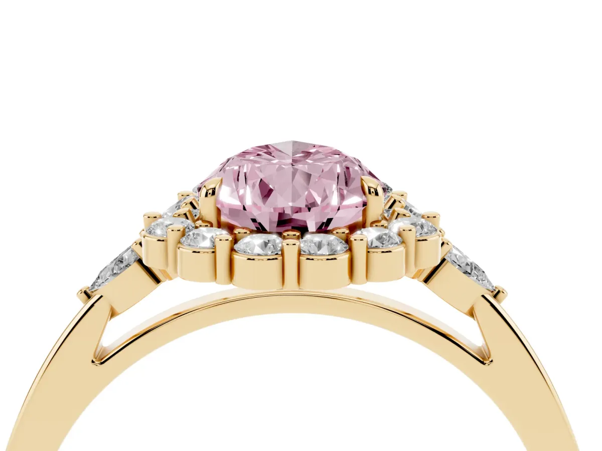 Fancy Pink Pear Cut Diamond Halo Ring with Pear Side Stones and Prong Setting Yellow gold