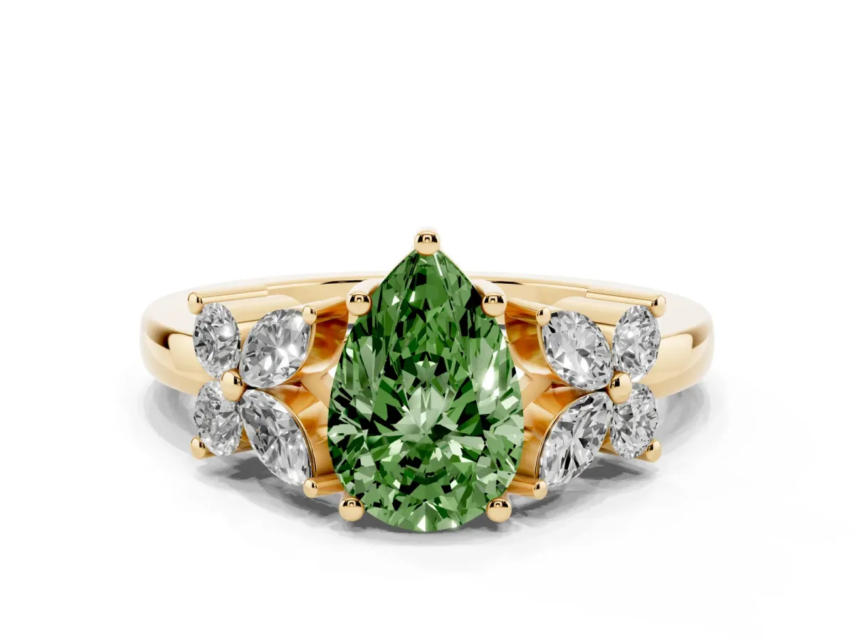 Fancy Green Pear Cut Diamond Floral Cluster Ring with Solitaire Band and Prong Setting Yellow gold
