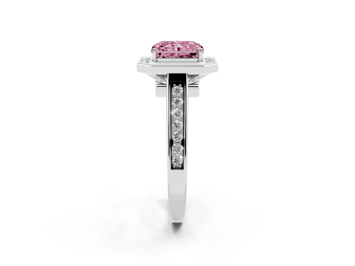 Fancy Pink Emerald Cut Halo Solitaire Diamond Ring with Pave Band and Bezel Setting Silver