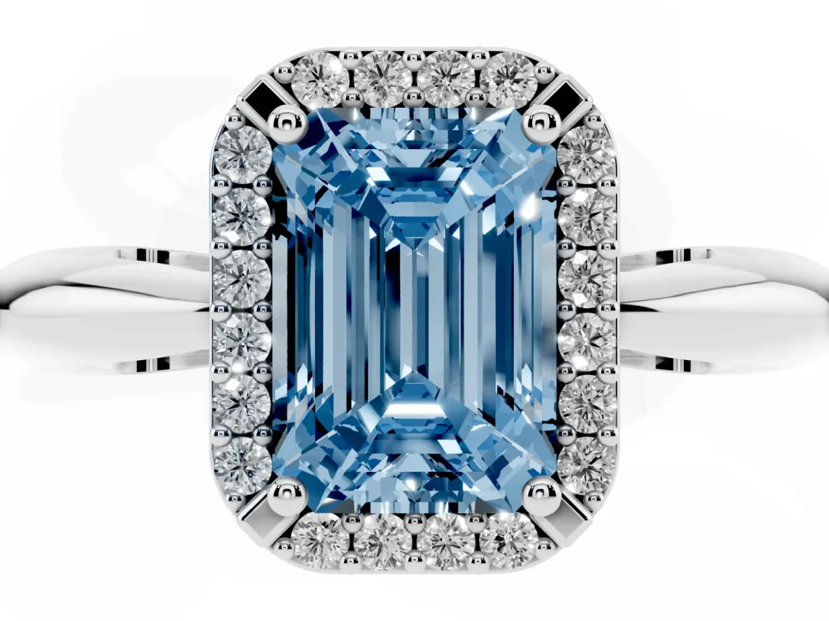 Fancy Blue Emerald Cut Cut Diamond Halo Engagement Ring with Split Shank and Four-Prong Setting Silver