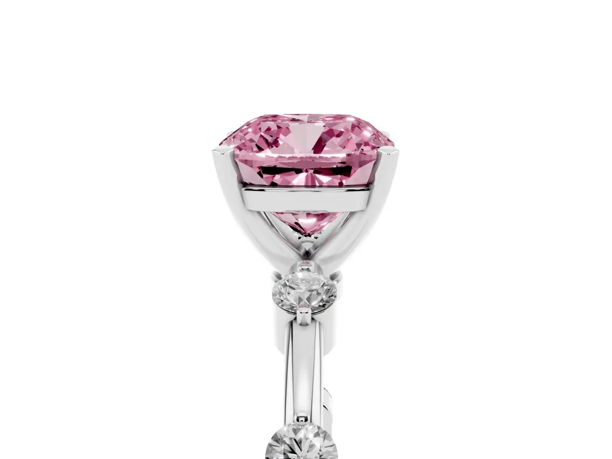 Fancy Pink Cushion Cut Solitaire Diamond Ring with Bezel Set Side Stones and Prong Setting Silver