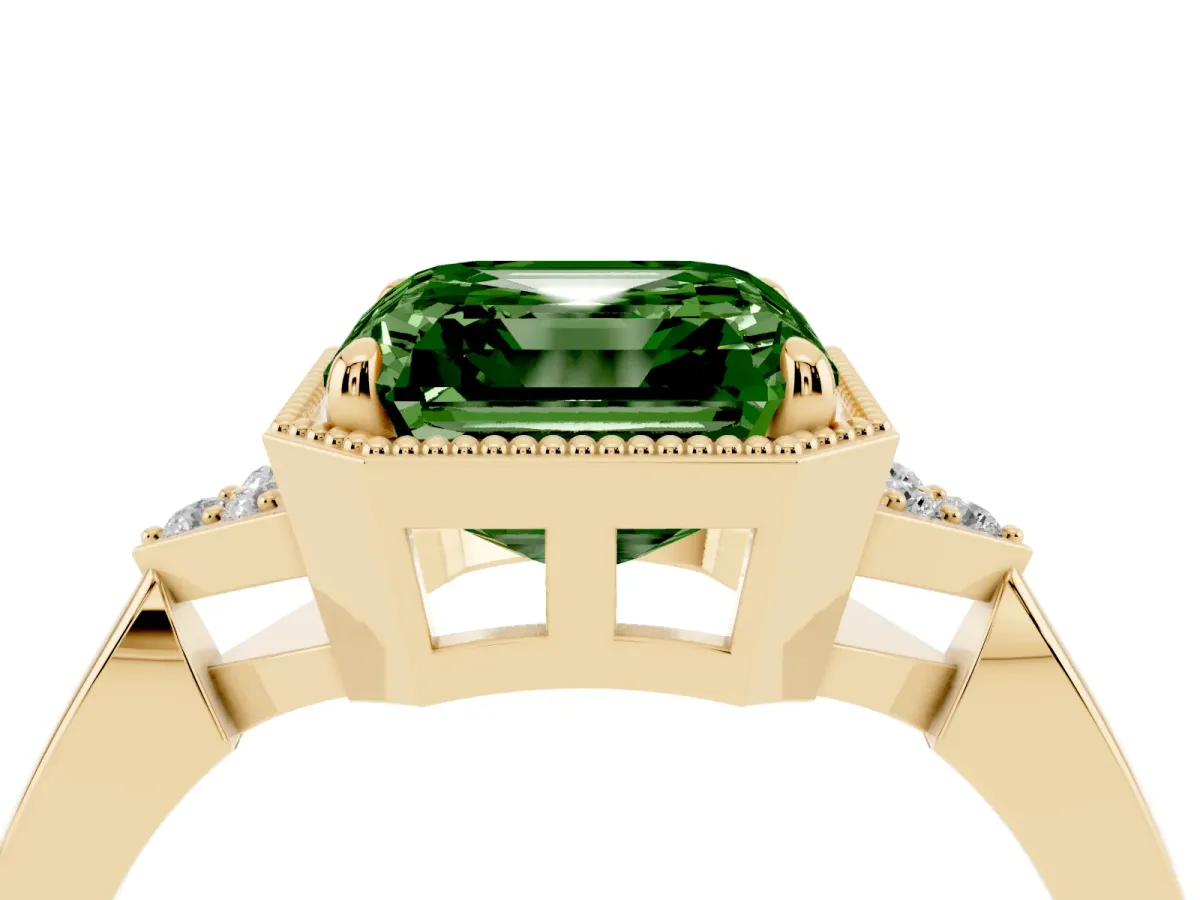 Fancy Green Asscher Cut Diamond Halo Ring with Tapered Band and Four-Prong Setting Yellow gold