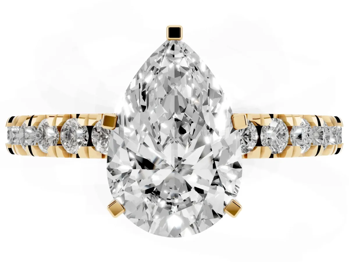 Pear Cut Diamond Pavé Band Solitaire with Four-Prong Setting Yellow gold