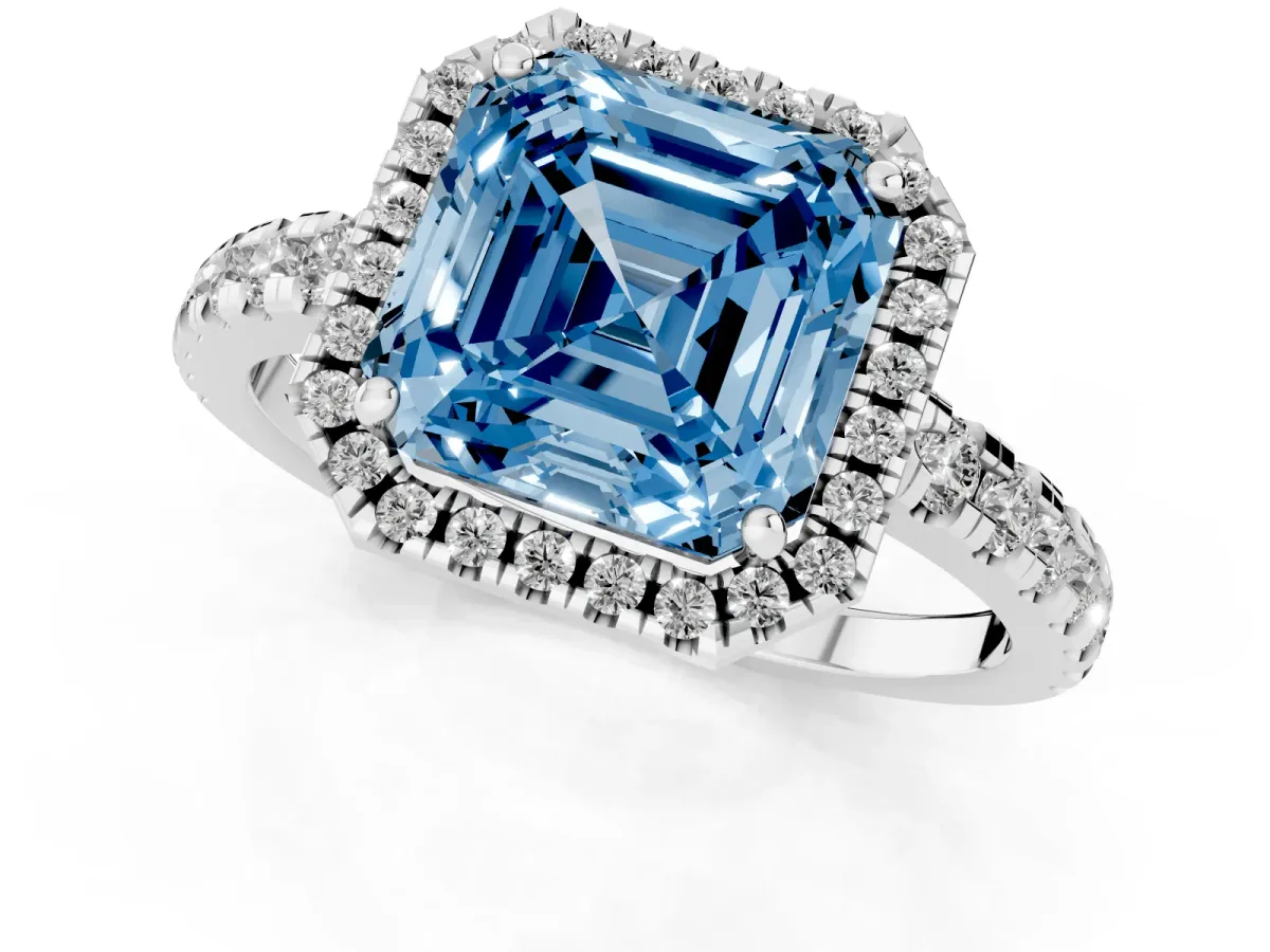 Fancy Blue Asscher Cut Diamond Halo Ring with Pavé Band and Four-Prong Setting Platinum