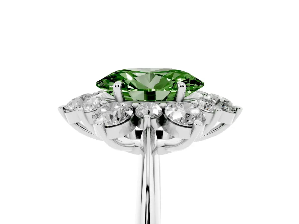 Fancy Green Oval Cut Diamond Cluster Halo Ring with Solitaire Band and Four-Prong Setting Silver