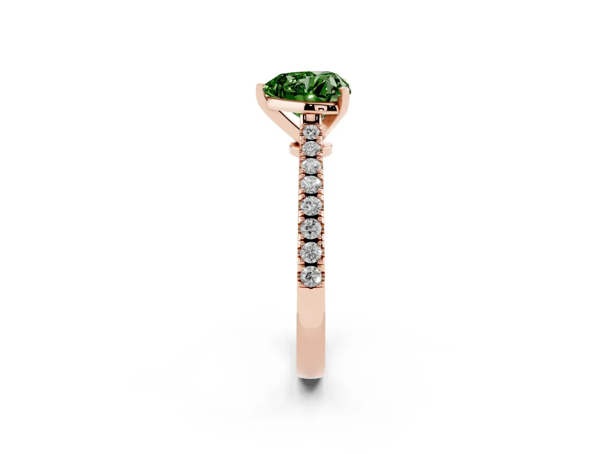 Fancy Green Heart Cut Cut Solitaire Diamond Engagement Ring with Pave Band and Four-Prong Setting Rose gold