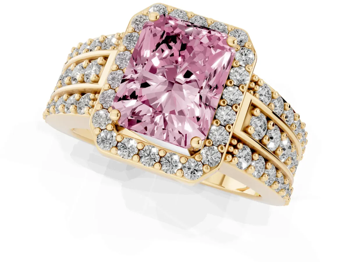 Fancy Pink Radiant Cut Halo Diamond Ring with Round Split Shank and Prong Setting Yellow gold