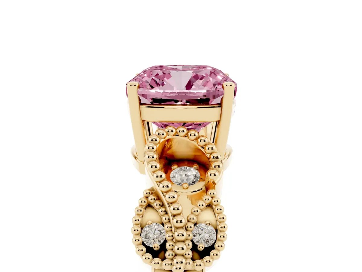 Fancy Pink Cushion Cut Solitaire Milgrain Leaf Band with Prong Setting Yellow gold