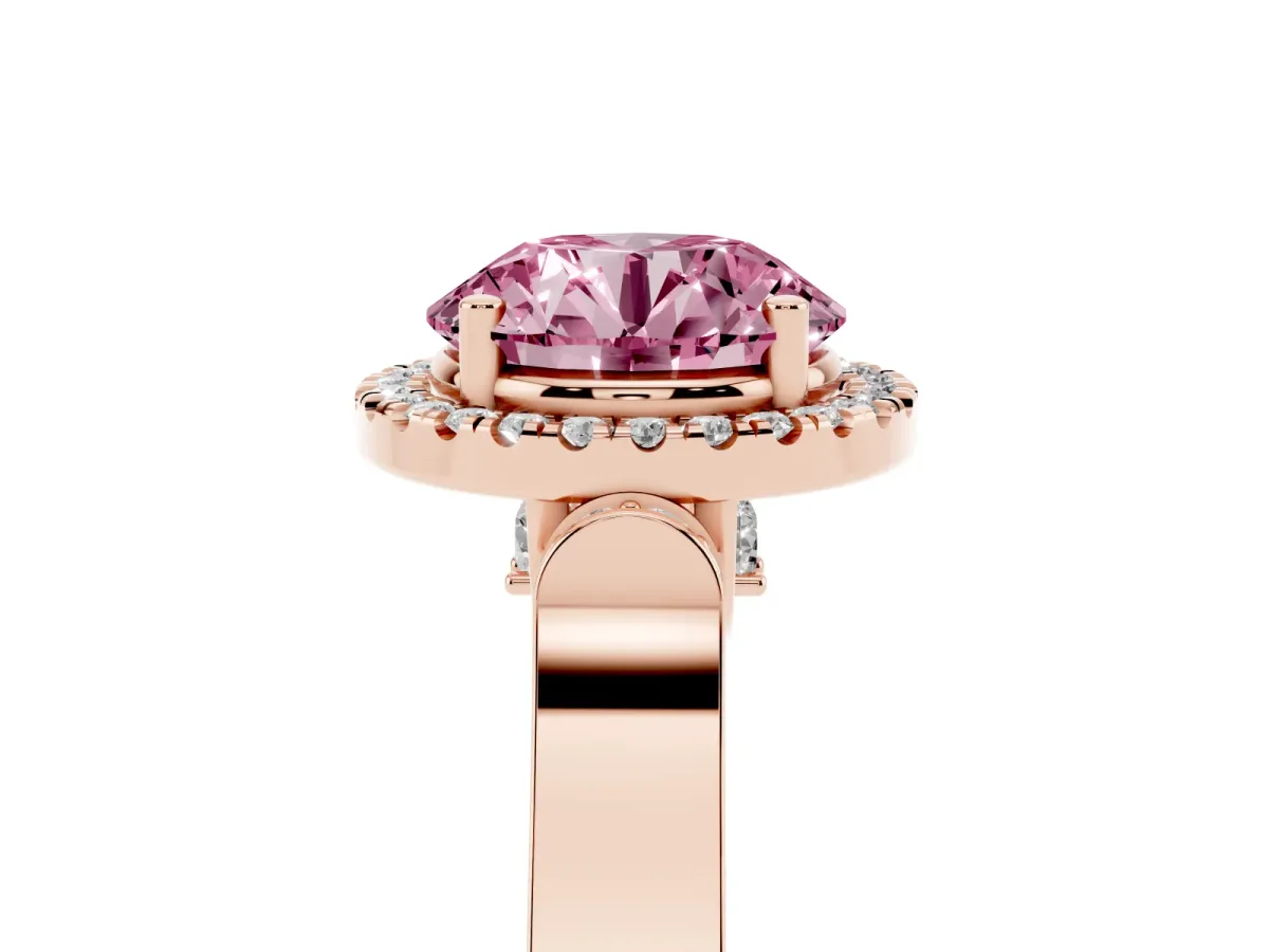 Fancy Pink Round Cut Halo Round Diamond Twist Band with Four-Prong Setting Rose gold