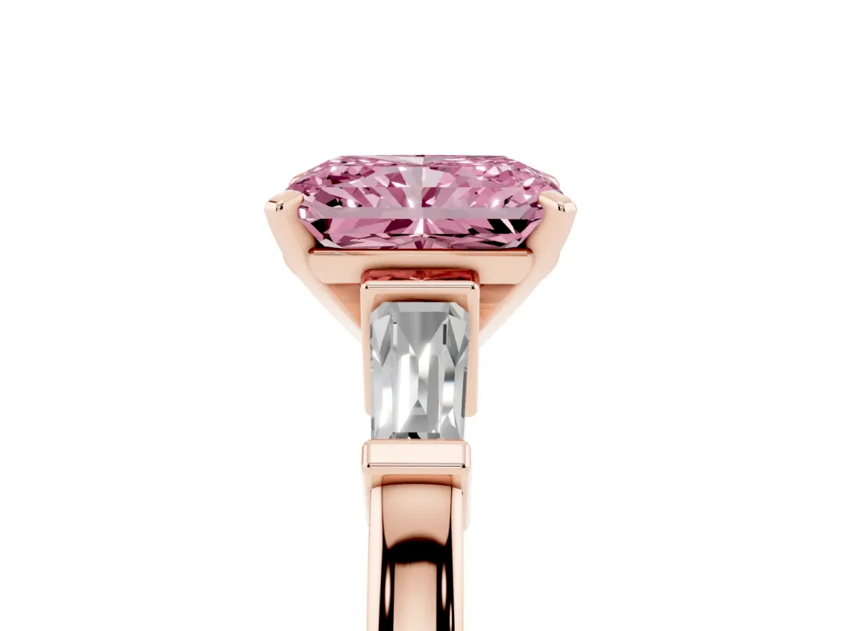 Fancy Pink Radiant Cut Cut Diamond Solitaire Ring with Tapered Baguette Accents and Four-Prong Setting Rose gold