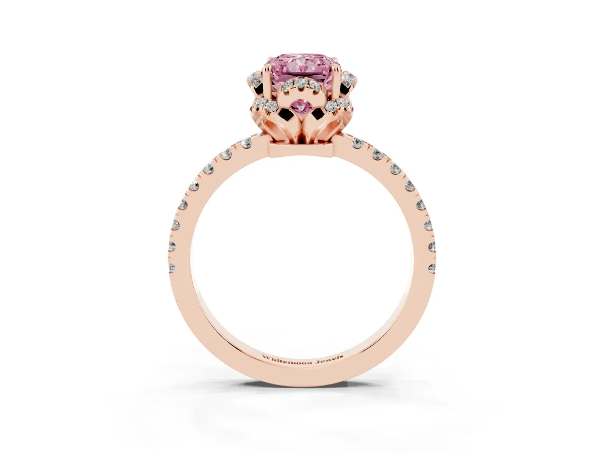 Fancy Pink Radiant Cut Diamond Halo Pave Band with Four-Prong Setting Rose gold