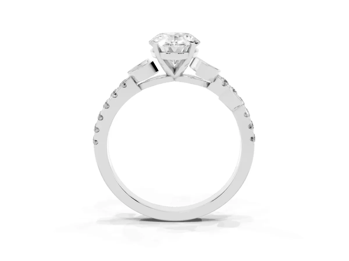 Oval Cut Solitaire Leaf-Inspired Diamond Ring with Pavé Band and Four-Prong Setting Platinum