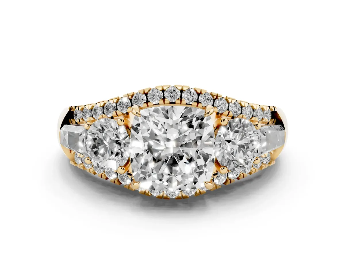 Three-Stone Cushion Cut Diamond Engagement Ring with Pave Band and Prong Setting Yellow gold