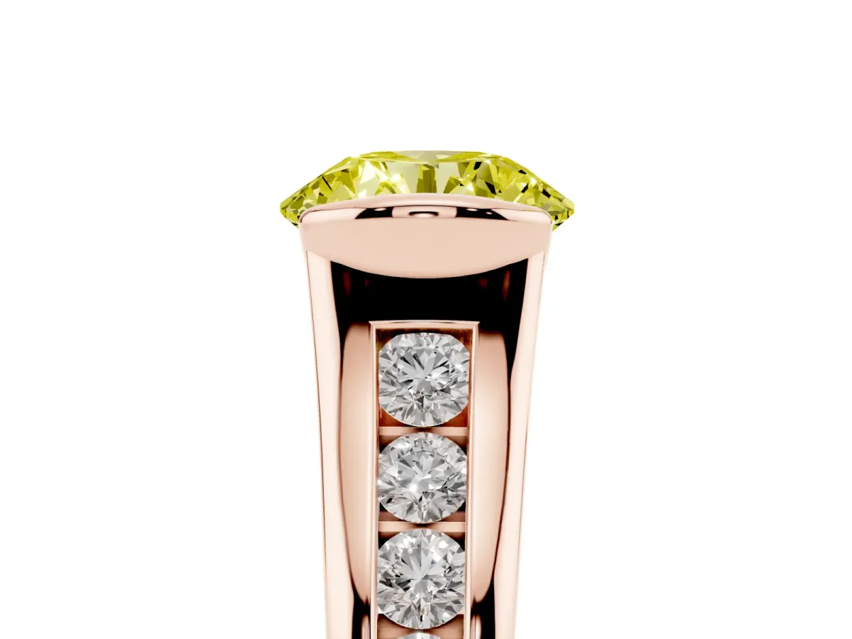 Fancy Yellow Round Cut Solitaire Bezel-Set Diamond Ring with Channel-Set Band Rose gold
