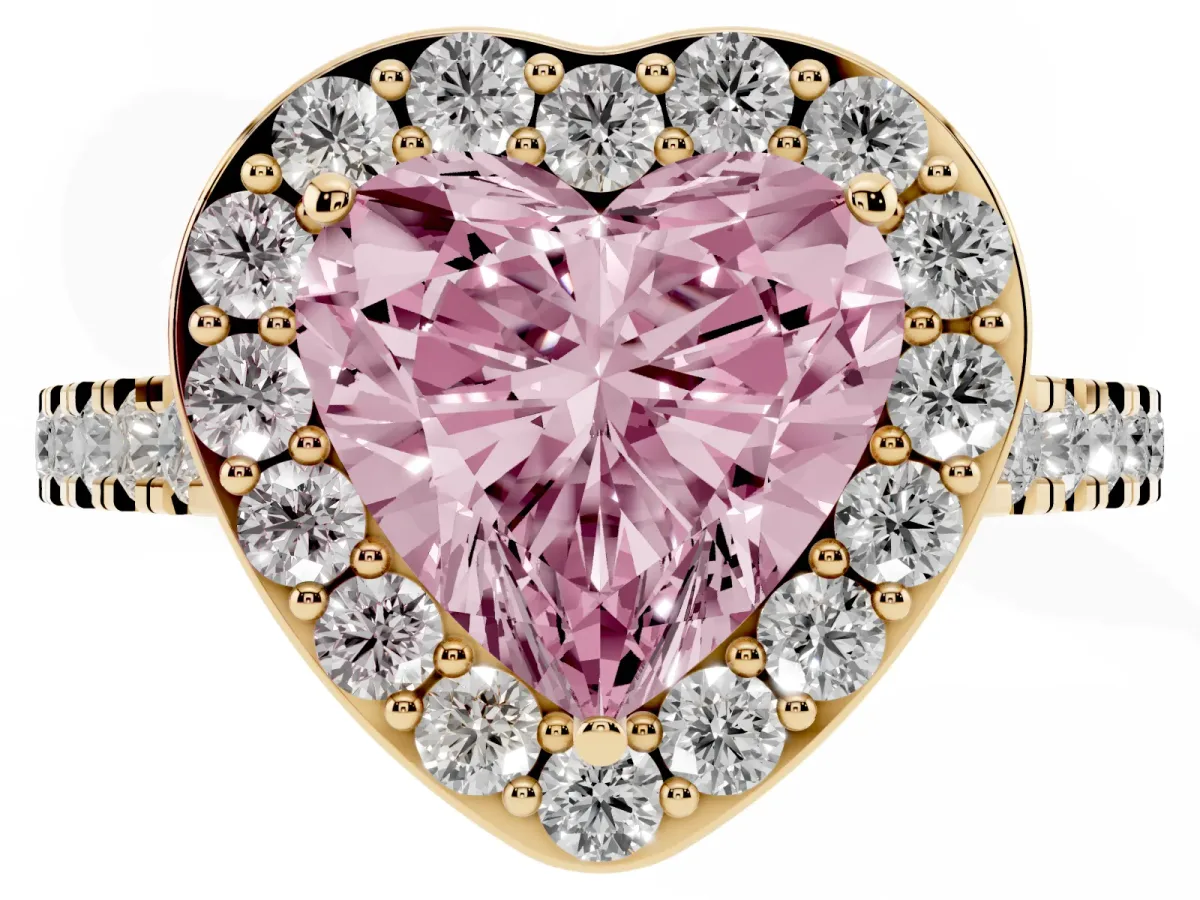 Fancy Pink Heart Cut Diamond Halo Ring with Round Pavé Split Shank and Prong Setting Yellow gold