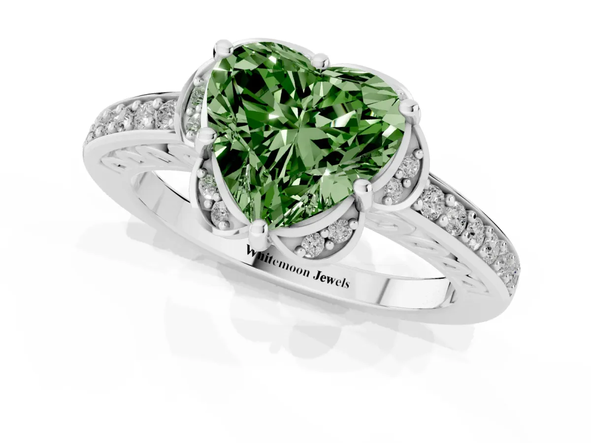 Fancy Green Heart Cut Cut Halo Diamond Ring with Channel Set Band and Four-Prong Setting Platinum
