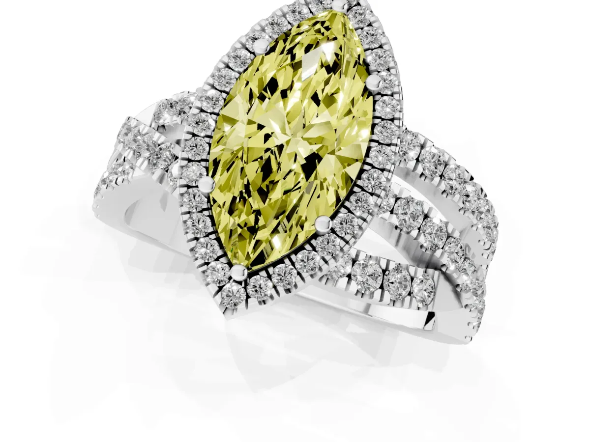 Fancy Yellow Marquise Cut Diamond Halo Ring with Round Split Shank and Prong Setting Silver