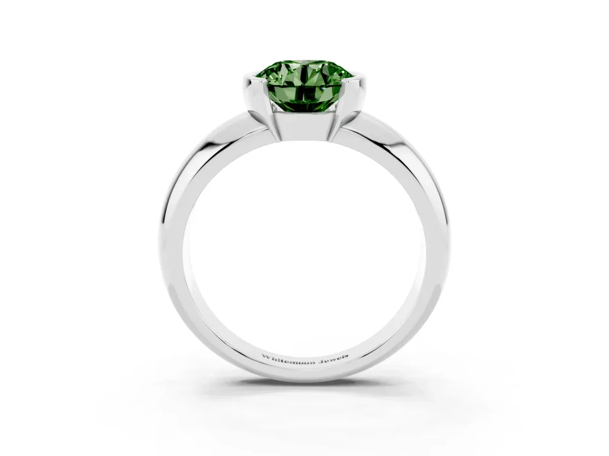 Fancy Green Round Cut Solitaire Tension Set Diamond Ring with Wide Band White gold
