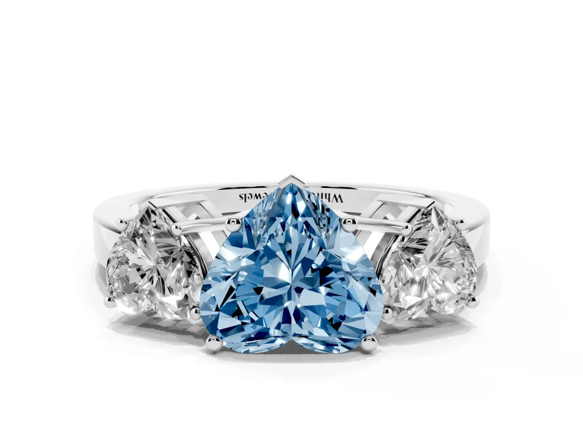 Fancy Blue Three-Stone Heart Cut Cut Diamond Engagement Ring with Flat Band and Four-Prong Setting Silver