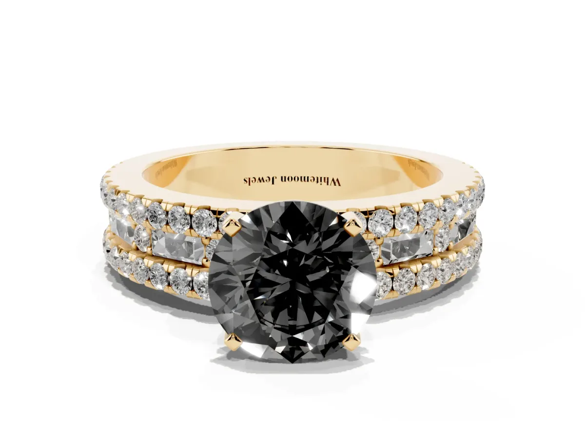 Fancy Black Round Cut Diamond Solitaire Ring with Pavé and Channel Set Band Yellow gold