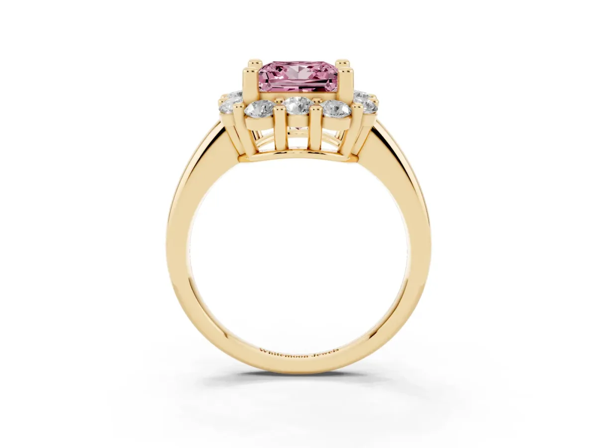 Fancy Pink Princess Cut Halo Cluster Diamond Engagement Ring with Prong Setting and Polished Band Yellow gold