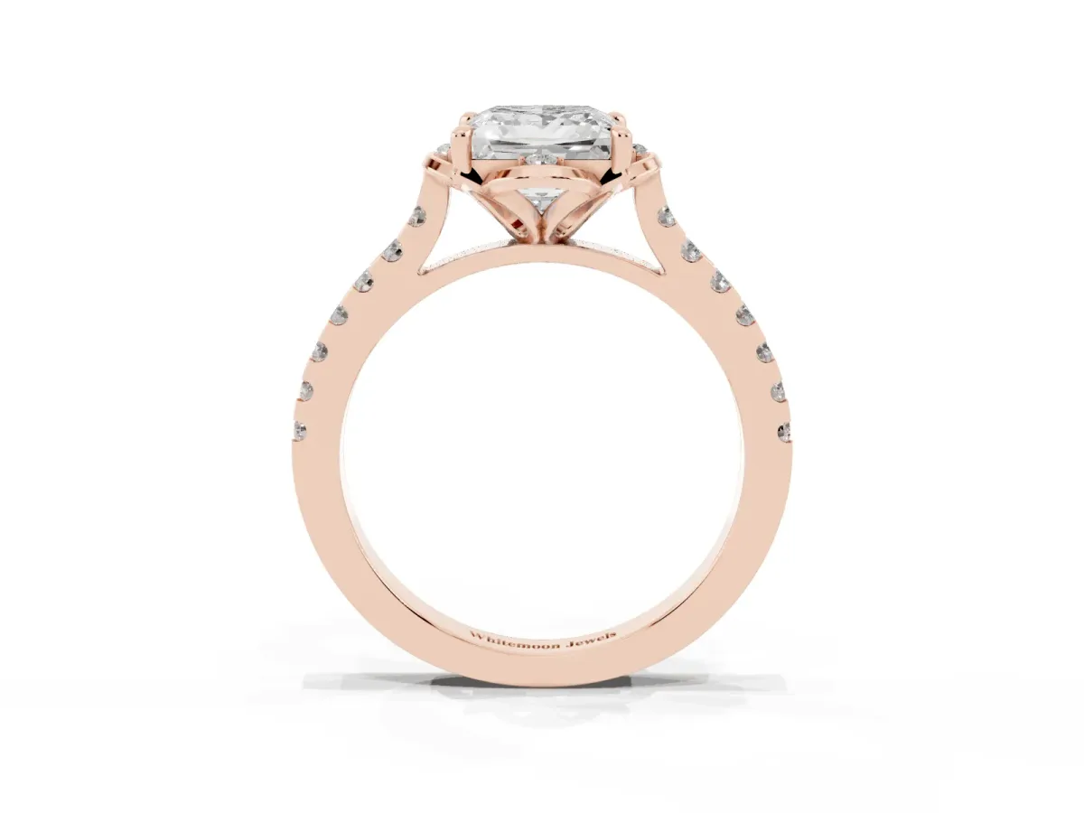 Princess Cut Diamond Ring with Pavé Band and Floral Prong Setting Rose gold