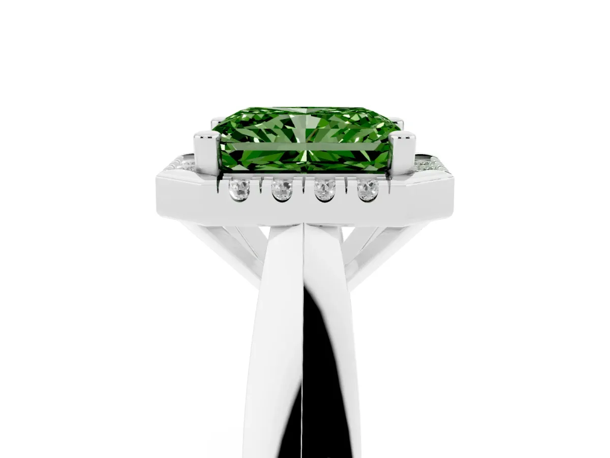 Fancy Green Radiant Cut Cut Halo Solitaire Engagement Ring with Square Band and Four-Prong Setting Silver
