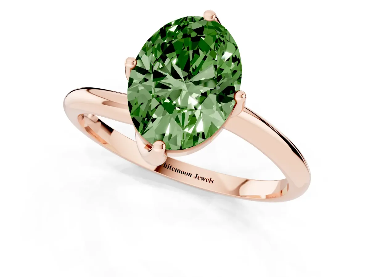 Fancy Green Oval Cut Diamond Solitaire Engagement Ring with Four-Prong Setting and Classic Band Rose gold