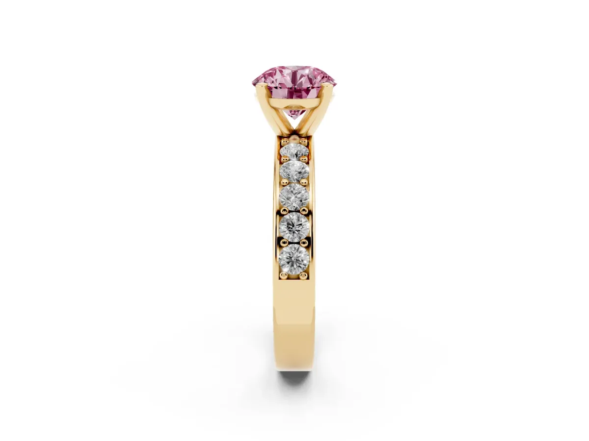 Fancy Pink Round Cut Diamond Engagement Ring with Channel Set Round Band and Prong Setting Yellow gold